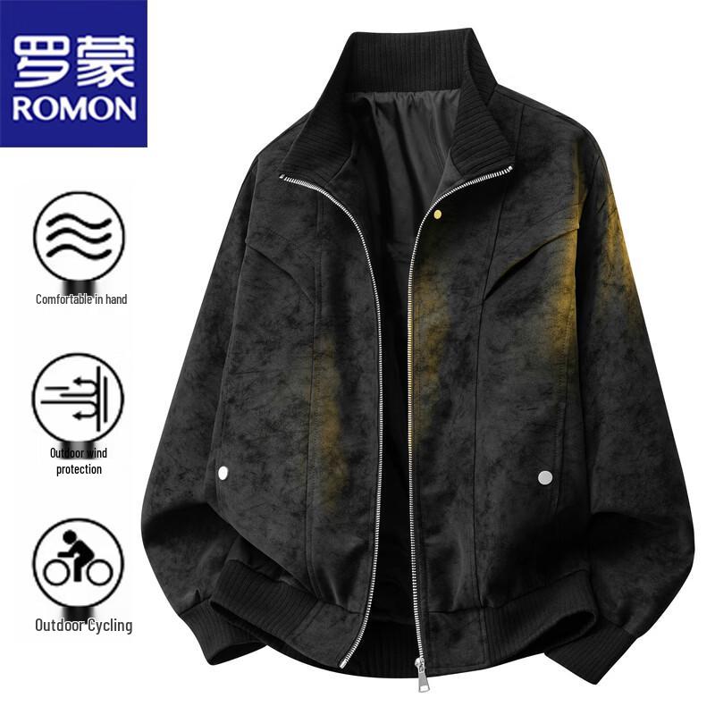 ROMON Men's Vintage Stand-Collar PU Leather Jacket