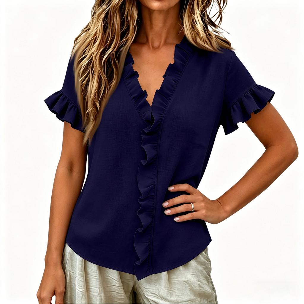 Womens Tops Cotton Linen  Short Sleeve V Neck Shirts Loose Top