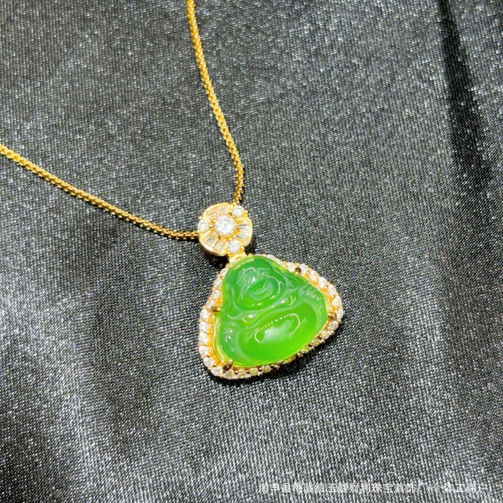 Grade A Chalcedony Agate Jadeite Smiling Buddha Pendant in S925 Silver, High Ice Green, Full Diamond with Mesh Design.