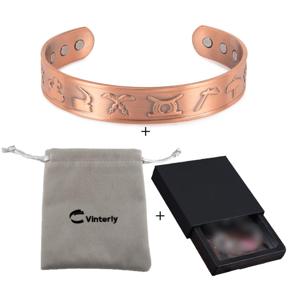 Vinterly Pure Copper Bracelets Magnetic Adjustable Bangles Open Cuff Vintage Ancient Symbols Health Energy Jewelry Resizable
