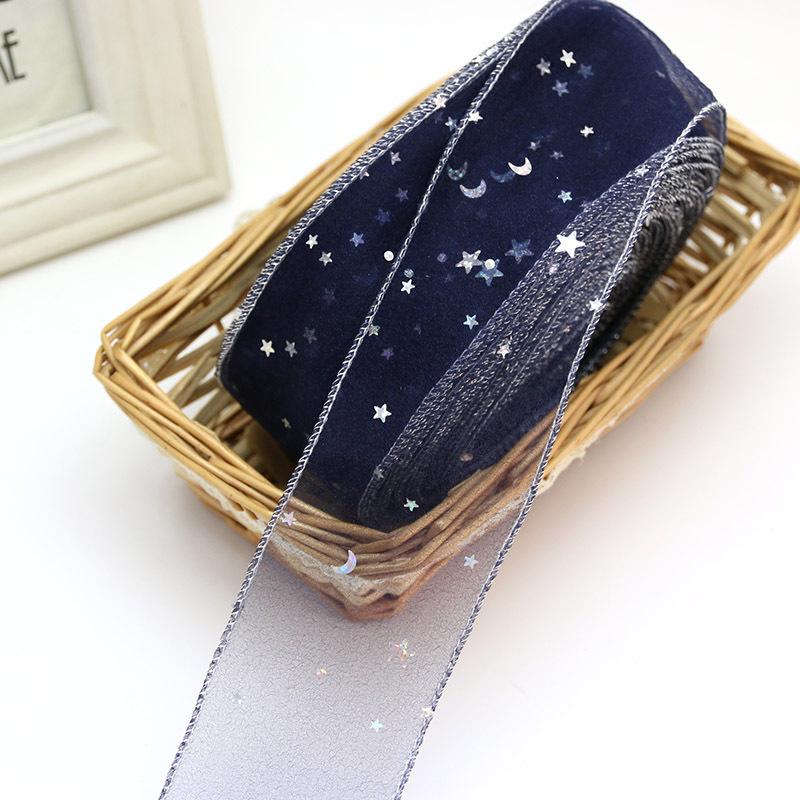 (5 Yards/roll) Stars Silk Organza Ribbon Bow Material for Hair Print Flower Decoration Lace Ribbons
