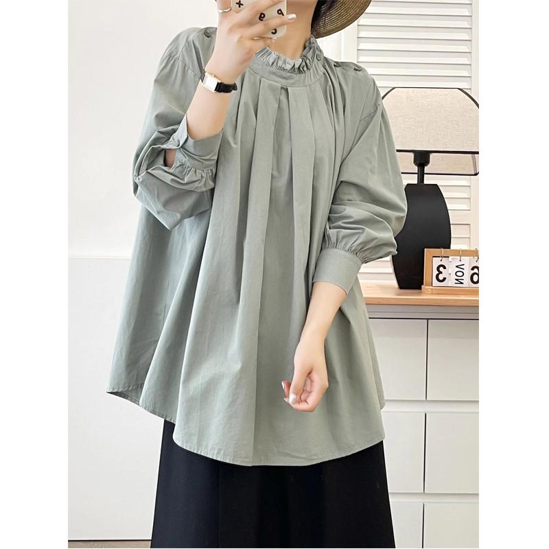 Johnature Japanese Fungus Stand-Up Collar Press-Pleated Top Women Spring Loose Versatile French Tops