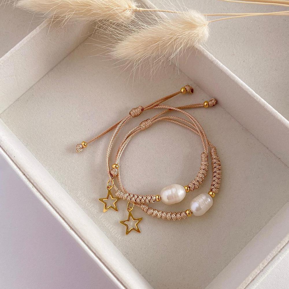 Bohemian Style Freshwater Pearl Bracelet with Hollow Star Charm On Waxed Cord