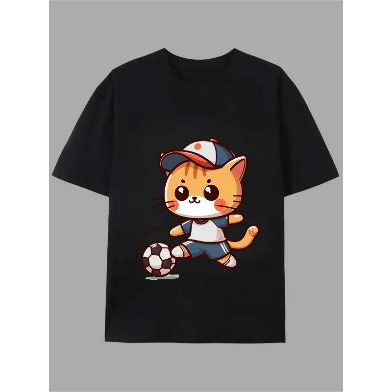 

European Size Cartoon Soccer Cat Print Men S U-Neck T-Shirt Fun Sports Style for Spring Summer Autumn All Seasons Suitable for Young People S чёрный