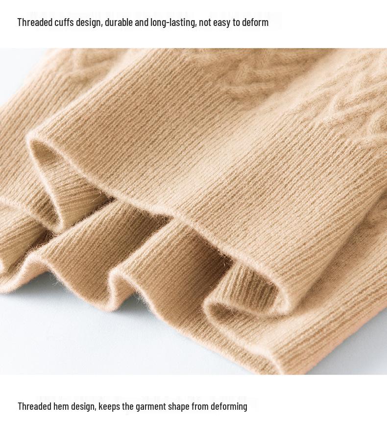 Women's Heavy-Duty Cable Knit Round Neck Cashmere Sweater - Autumn/Winter Warm, Loose Fit Pullover Knitwear