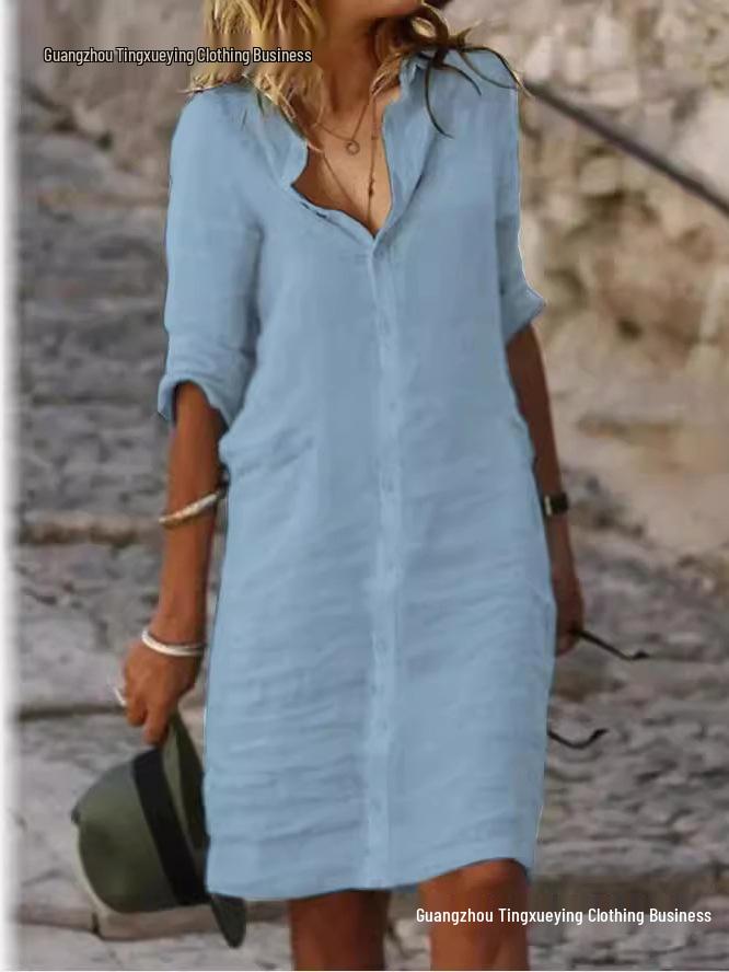 Loose Lapel Button Mid-Sleeve Solid Color Cotton Linen Shirt Dress