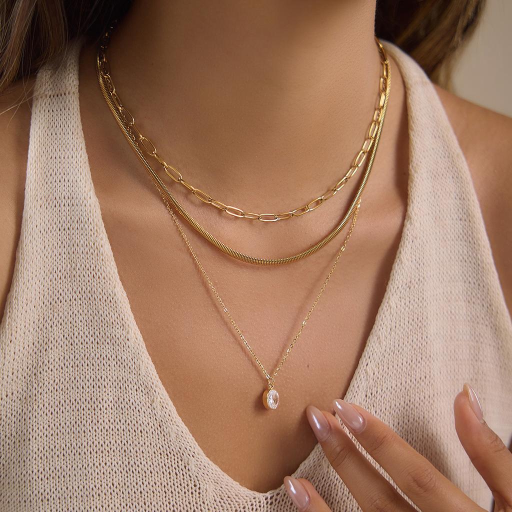 3Pcs Multi-layer Stainless Steel Waterproof Necklace for Women New Chic 18k Gold PVD Plated Zircon Waterproof Jewelry Girls