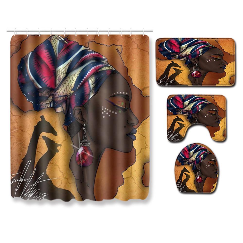 Shower Curtain Floor Mat Set African Woman E-Commerce Bathroom Carpet