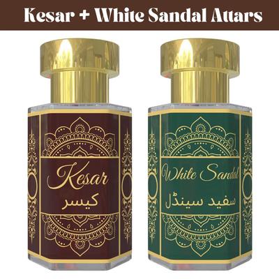 Kesar Attar a White Sandal Attar Kombinace – Teplé Kořeněné & Jemně Krémové Dřevité Vonnné Oleje | Bezalkoholová Unisex Roll-On Parfémová Sada | 2 x 6 ml