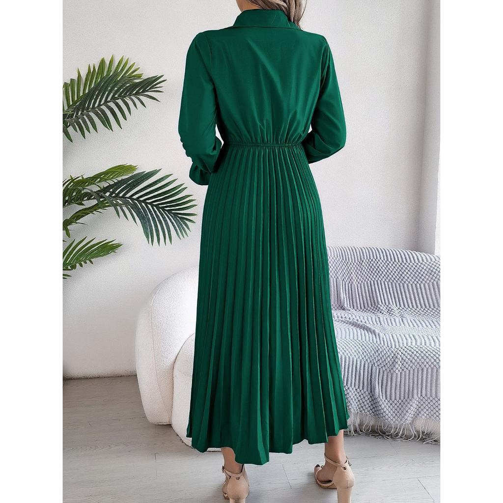 GMXIA Autumn and Winter Casual Lapel Button Long-sleeved Waist-cinching Pleated Long Dress Women's Clothing