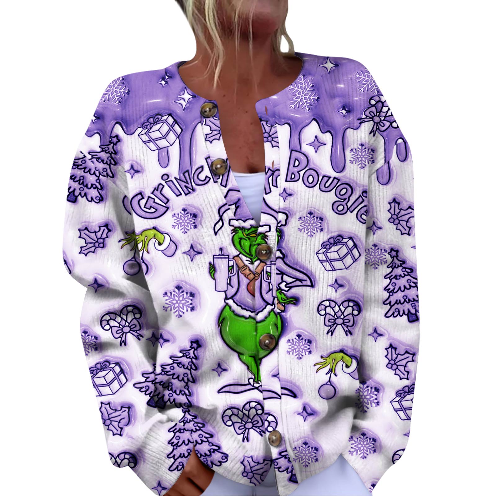 

Women s Fashion Christmas Printed Long Sleeve Knitted Cardigan Button Down Jacket S