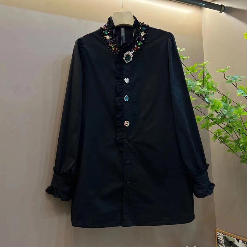 Plus Size Women's Long Sleeve Stand Collar Hotfix Shirt - Mature Style, Solid Color, Versatile Top