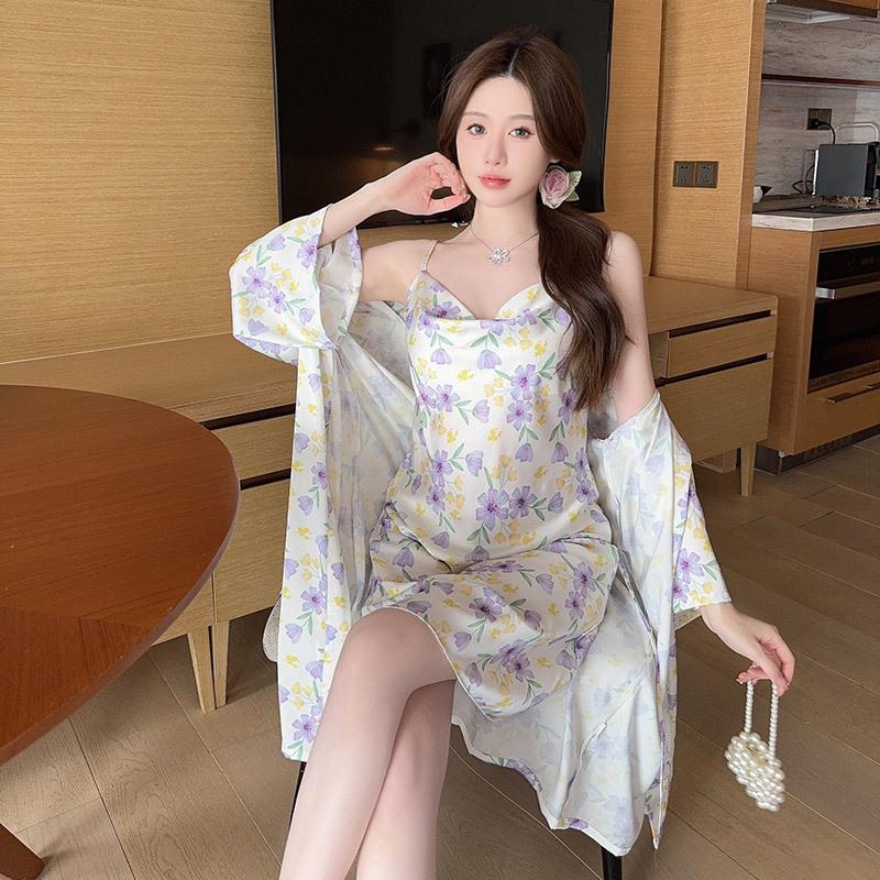 Pajamas Women's Spring Summer Sexy Pajamas Pure Style Printed Thin Ice Silk Suspender Skirt Pajamas Homewear Two-piece Set