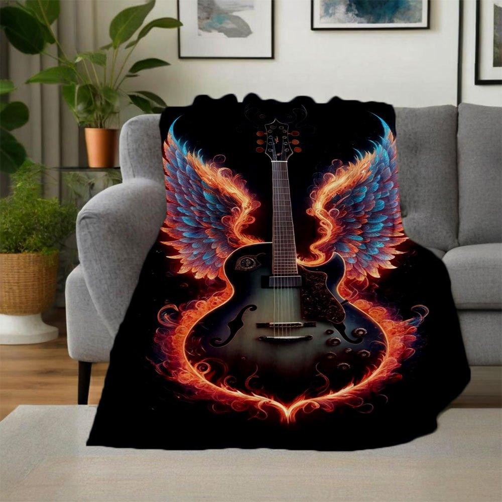 "Angel Wings Electric Guitar - Flame Design"Blanket Flannel Throw Blanket for Sofa, Bed, Travel, Camping, Office