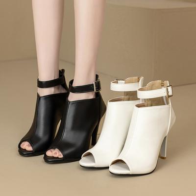 Sandalias Peep-Toe para Mujer Tacones de Aguja Elegantes Tacones Altos Verano Botines al Tobillo Cremallera Trasera Zapatos de Cuero