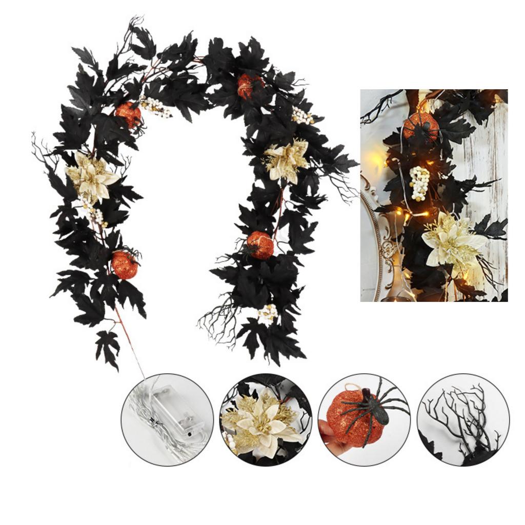 Artificial Maple Leaf Pumpkin Vine Garland with Light String 170-180cm Halloween Decorative Branches for Indoor Outdoor Use
