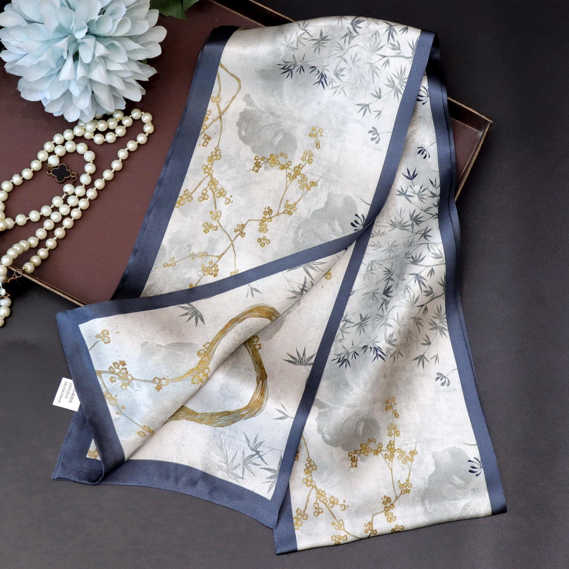 Jinmei Ink Bamboo Chinese Style Ink Painting Spring and Summer Silk Silk Scarf Printing Double Layer Mulberry Silk Strip Scarf 150*16CM