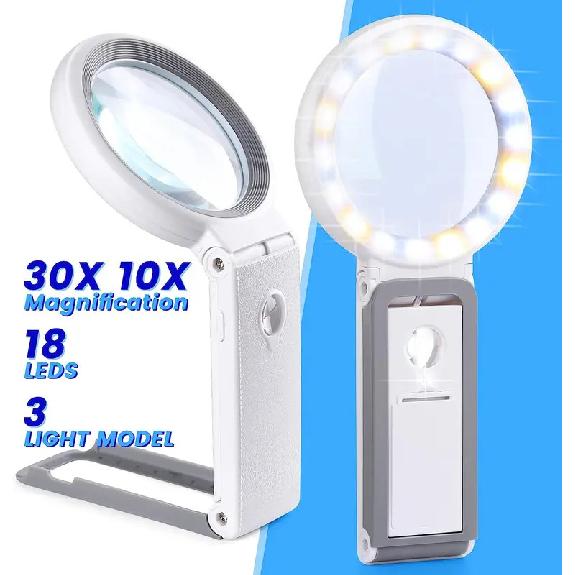 30X 10X Vergrößerungsglas mit Licht und Ständer Faltbares Hand-Vergrößerungsglas 18 LED Beleuchtetes Vergrößerungsglas zum Lesen
