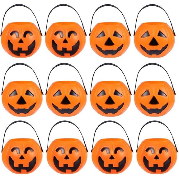 Vaguelly 15Pcs Halloween Pumpkin Bucket Trick or Treat Pumpkin Bucket with Handle Small Candy Holder Plastic Orange Jack O Lantern Candy Basket Bags