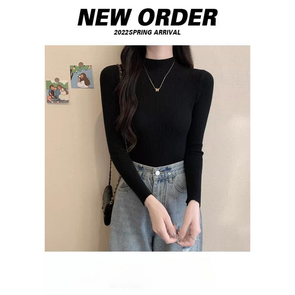 Spring and Autumn Winter Long Sleeve Sweater Women's Interior Tailored Bottom Shirt Half High Collar Korean Edition Knitted Shirt Women's Top