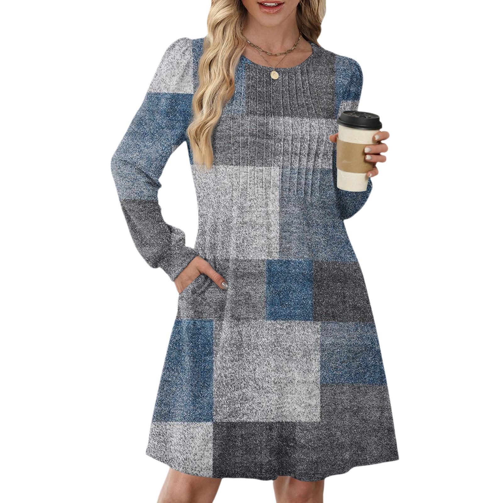 

Women s Long Sleeve Pleated Round Neck Vintage Floral Print Casual Dress With Pockets L