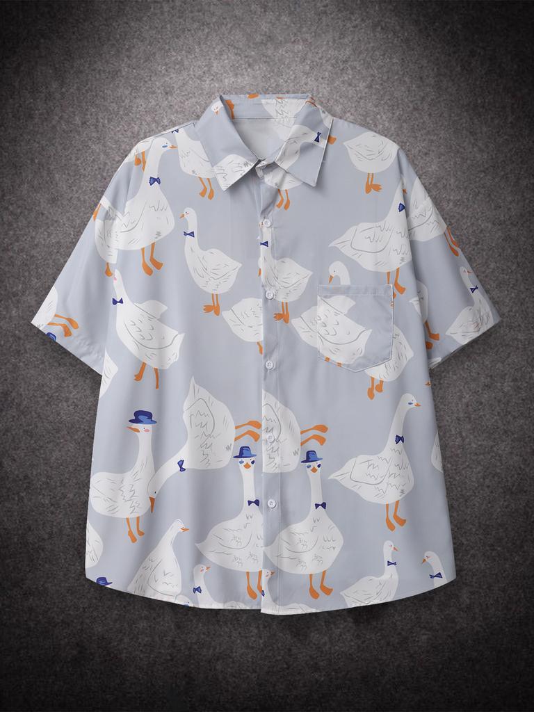 Oversized Loose Cartoon Goose Prinr Hawaii Short Men Shirt Casual Man American Printing Summer Versatile Couple Streetwear