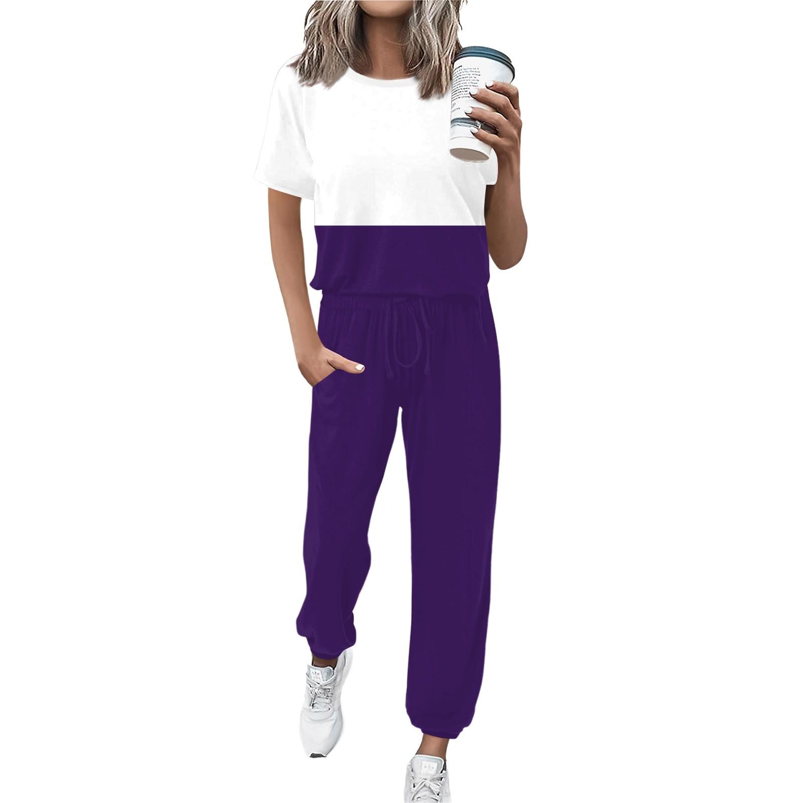 

Женский спортивный костюм с круглым вырезом и коротким рукавом, свободные брюки L фиолетовый