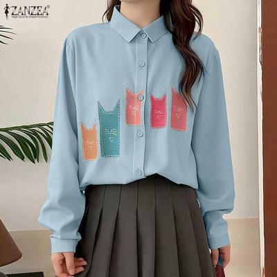 Women Casual Turn Down Collar Long Sleeve Loose Print Blouse