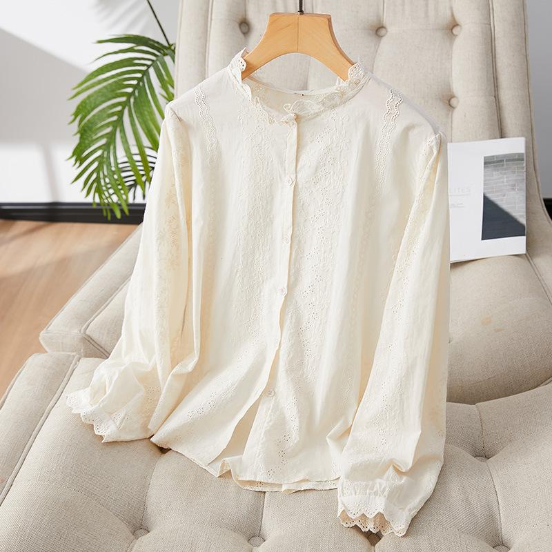 

Абрикосовая рубашка из чистого хлопка для женщин, с длинным рукавом, ранняя весна, новый дизайн, нишевая, омолаживающая, вышитый топ XXL