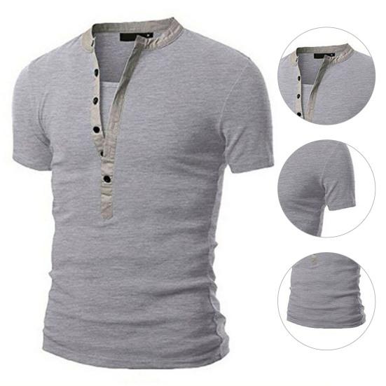 Men Shirt Solid Color Slim Fit Stand Collar Patchwork Summer Men Top for Daily Wear