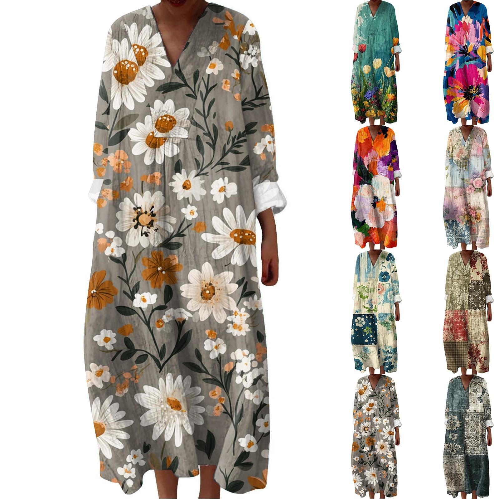 

Women s Casual And Fashionable V-Veck Flower Print Long Sleeved Dress Long Sleeved Dress L армія зелений колір