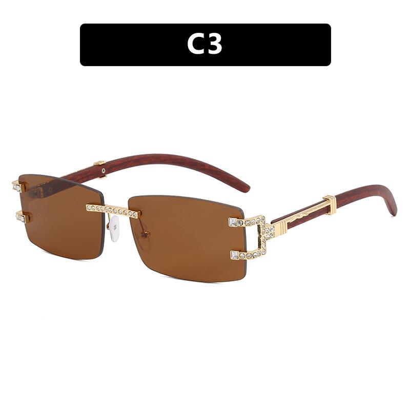 Unisex Rectangle Rimless Women Wood Leg Luxury Brand Designer Trendy Retro Frameless Sun Glasses UV400