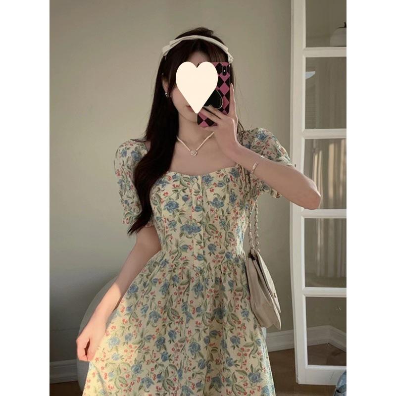 Design sense niche square neck bubble sleeves floral princess dress summer thin temperament versatile dress children