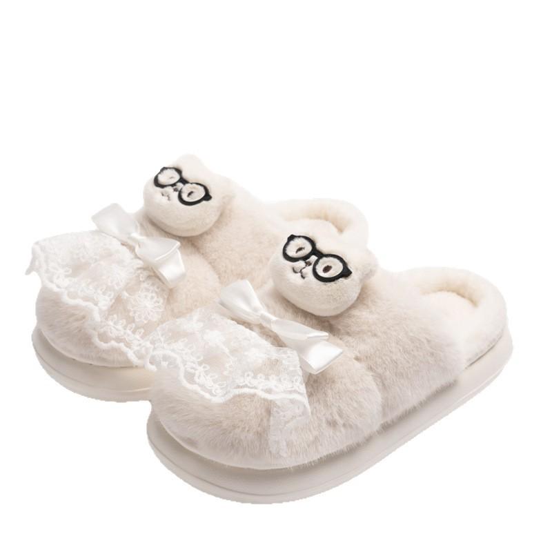 Cartoon Lace Bow Cotton Slippers Winter Indoor Home Thick Bottom Non-slip Piled Warm Fluffy Slippers