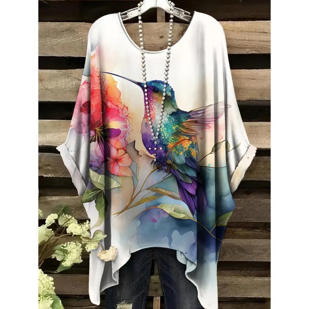 Camiseta de Verano para Mujer Estampado de Colibrí y Pavo Real Cuello Redondo Cola Cómoda Manga Corta Oversize Dobladillo Irregular Tops