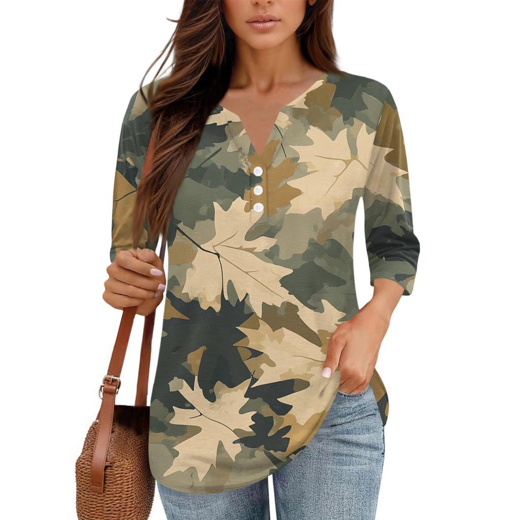 Damen V-Ausschnitt Freizeit Dreiviertelarm Knopf-Detail Top mit Blumenmuster