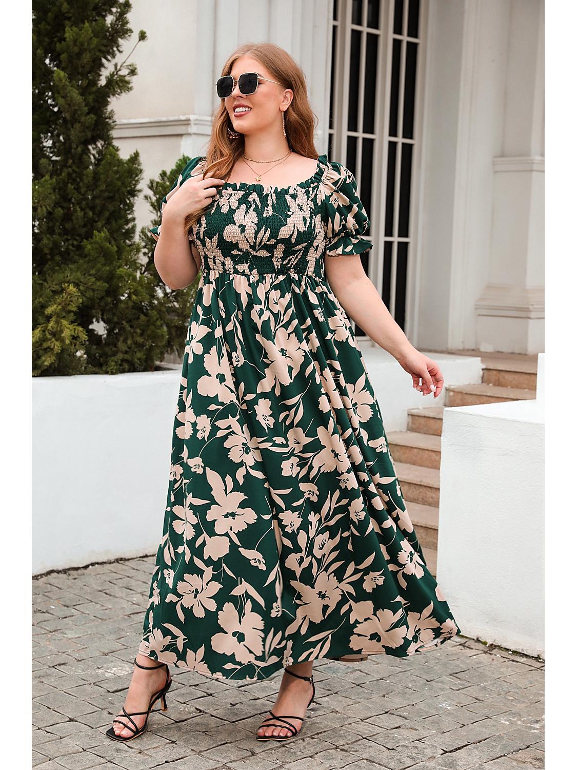 

Богемна сукня великого розміру з принтом для повсякденного відпочинку - Французька елегантність, довжини міді XL зелений