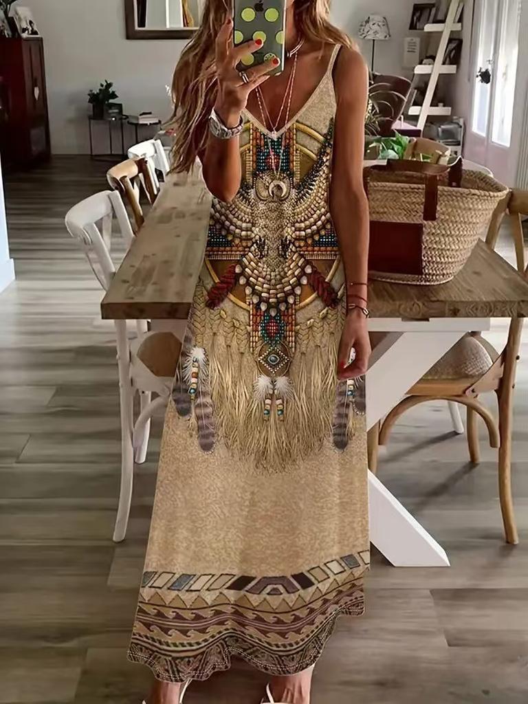 Women's European and American Cross-border New Women's Clothing Fashion Casual Printing Suspender Dress Long Dress Source Factory Hair