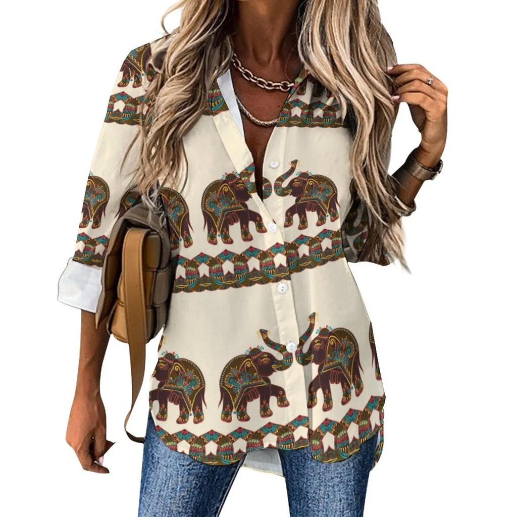 Indian Elephant Art Casual Blouse Spring Autumn Long Sleeve Colorful Floral Print Cool Blouses Woman Basic Shirt Graphic Clothes