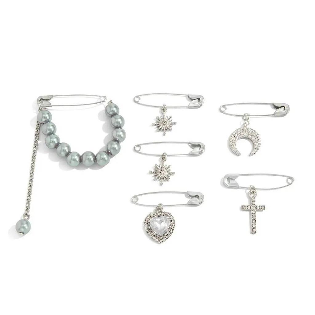 IngeSight.Z 6Pcs/Set Elegant Imitation Pearl Brooch Women Trend Sun Moon Love Heart Cross Pendant Pin Clothes DIY Accessory Gift
