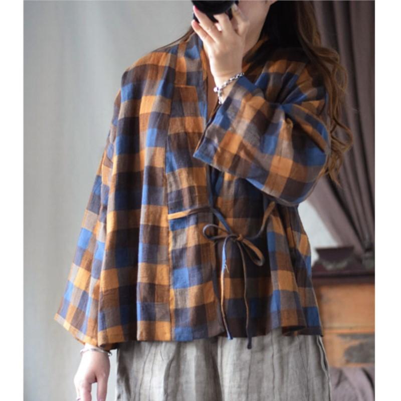 Johnature Women Vintage Plaid Chinese Style Loose Belt Spring Autumn Women Jackets