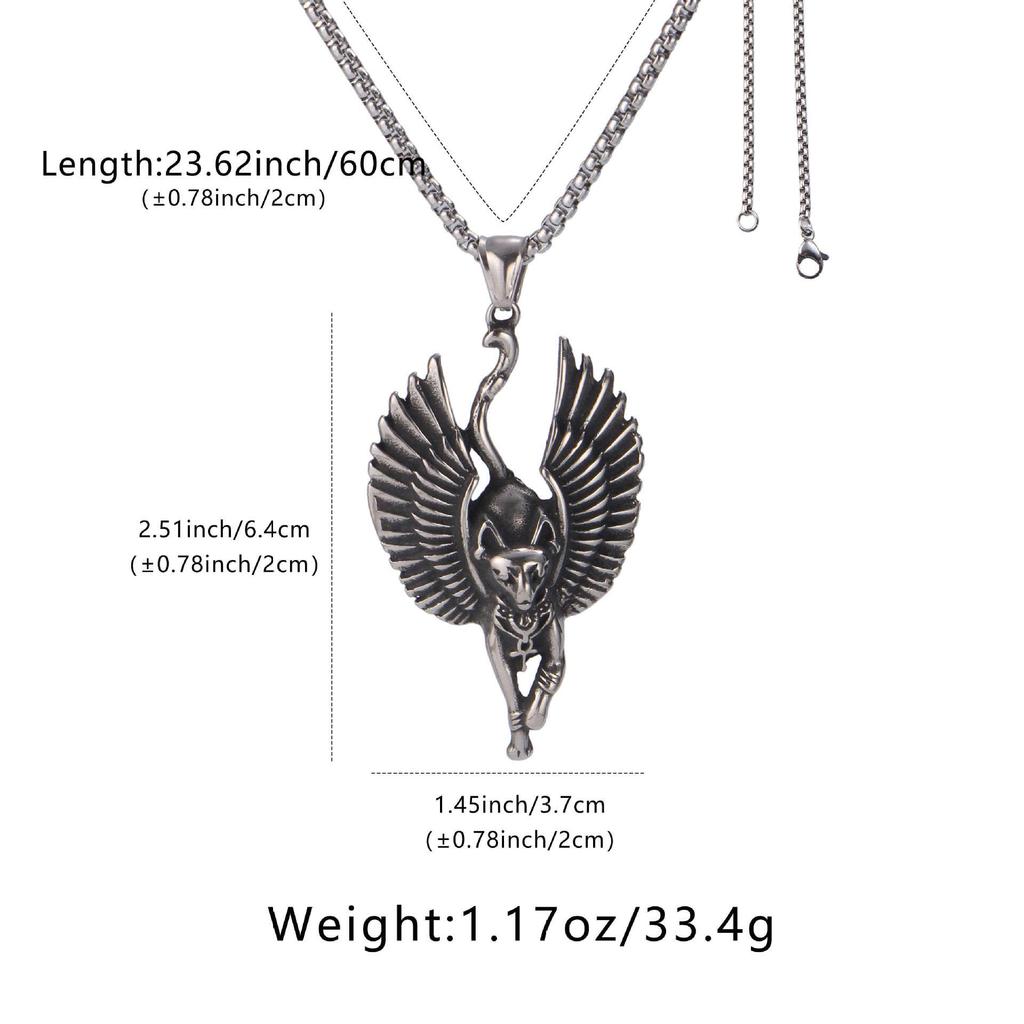 Ancient Egyptian Bastet Cat Double-Winged 3D Pendant On Stainless Steel Square Bead Chain