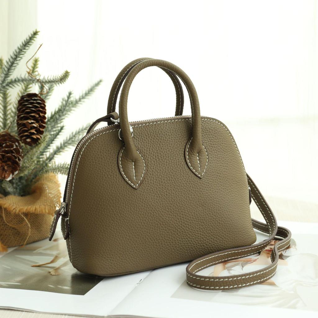 Mini Cowhide Crossbody Bowling Bag with Zipper - Classic Shell Design
