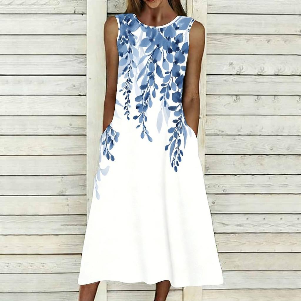 Women Oversized Sleeveless Round Neck Dress Vivid Botanical Printed Loose Midi Dress