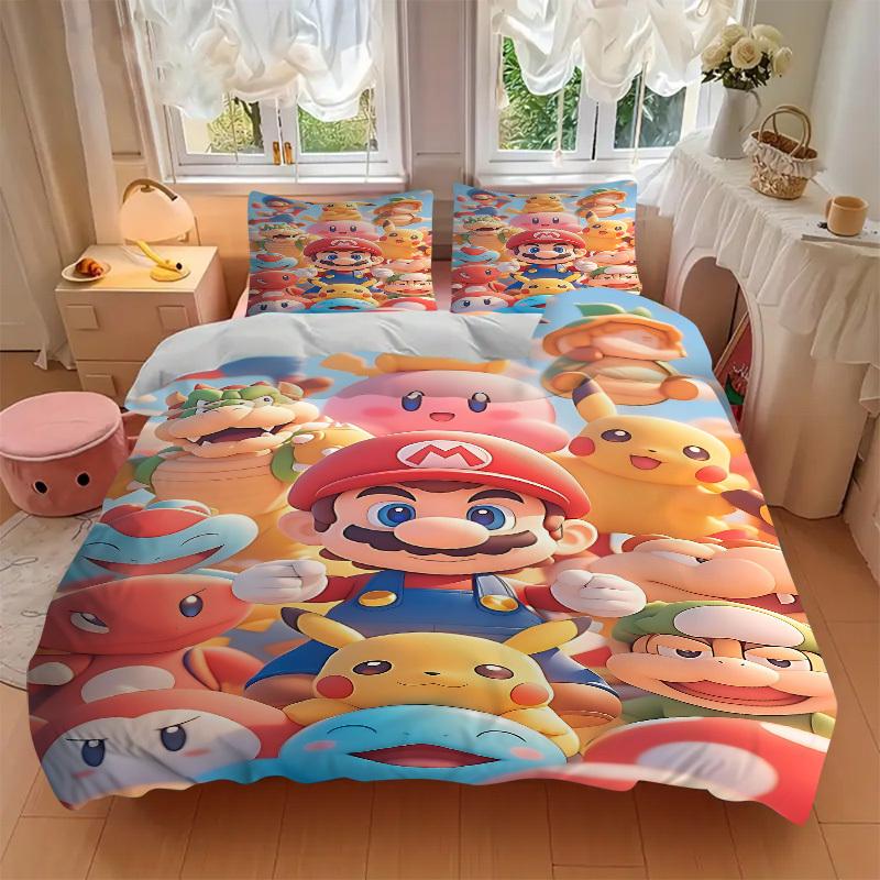 3pc Mario Pikachu Bedding Set Guest Room Bedroom Decor Christmas Halloween Decor Gifts- All Seasons (No Insert)a1013113