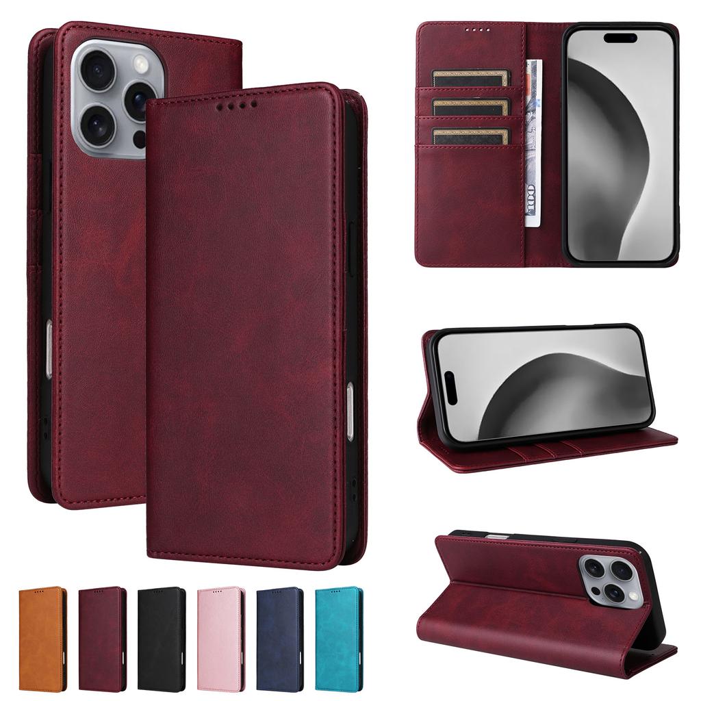 Applicable To iPhone16 Mobile Phone Leather Case 15Pro Solid Color Leather Pattern Card Wallet Magnetic Protective Case 14plus