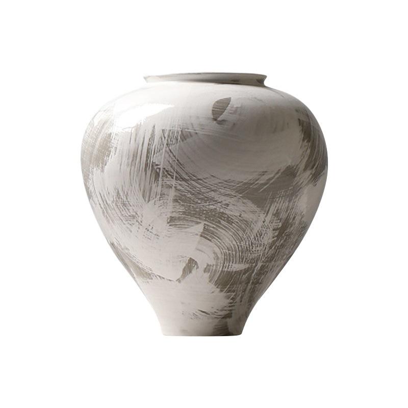 Large Modern Minimalist Chinese Zen White Glazed Art Pottery Vase with Hand-Painted Sweep Stroke Pattern