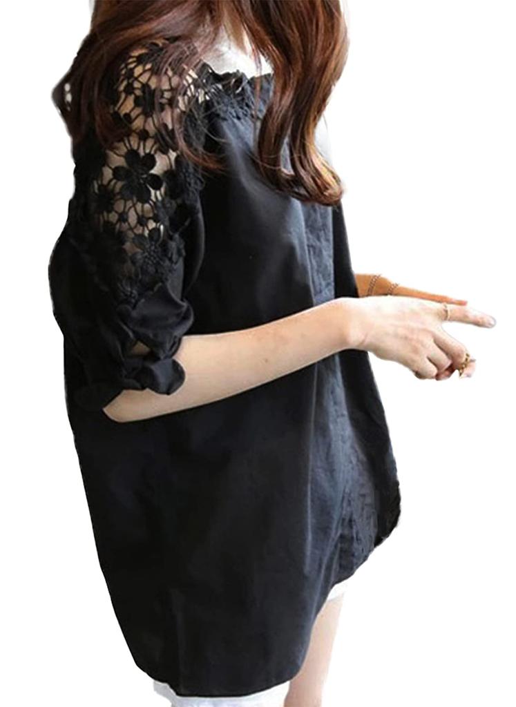 Floral floral long large short [Blanc Blanc] blouse, pattern, fluffy, voluminous, 5/8 sleeves, length, top, shirt, thin, ribbon, simple, spring,
