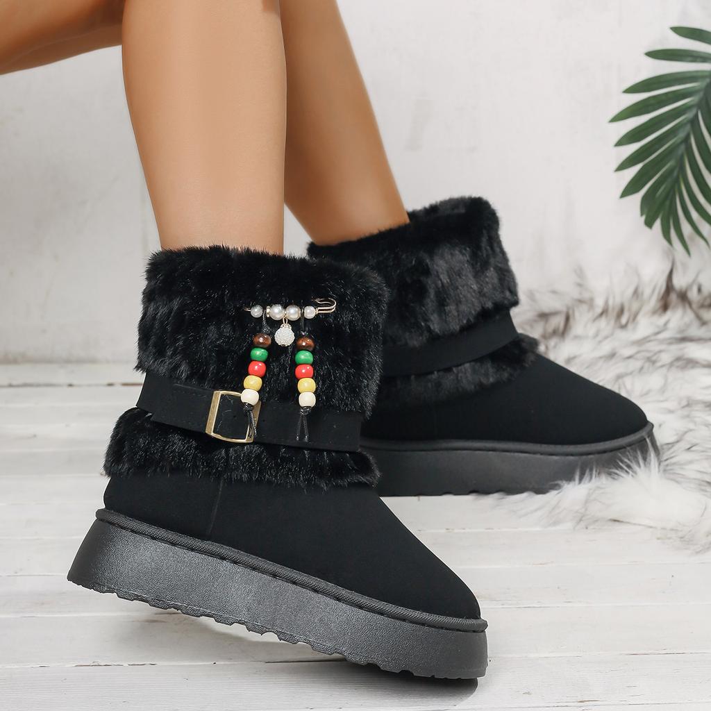 Modische Damen Kunstfell Schneestiefel 2025 Winter Komfort Dicke Sohle Fellige Stiefeletten Farbige Perlen Designer Schuhe für Frau Größe 43