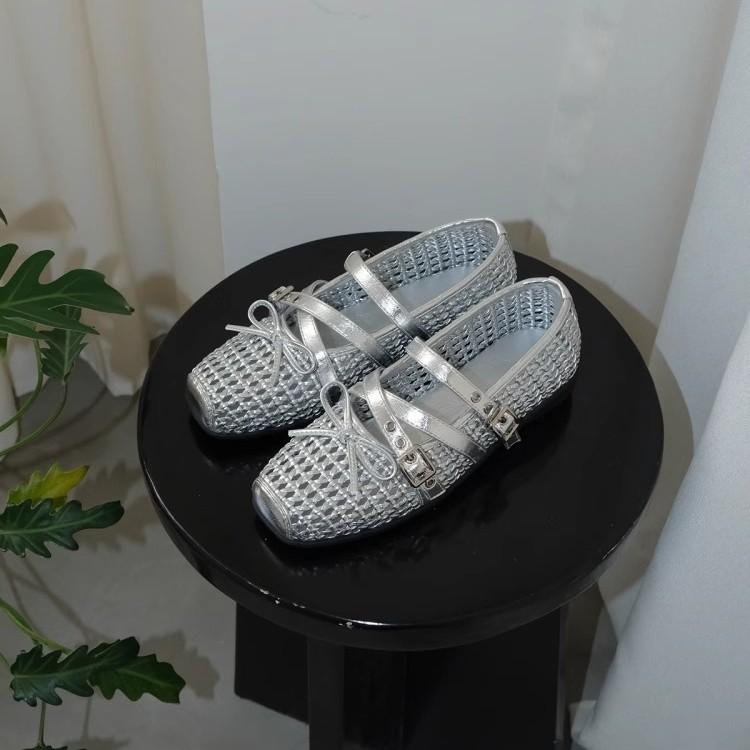 Sheepskin version~ New silver single shoes women's retro Mary Jane mesh breathable bow ballet flats women